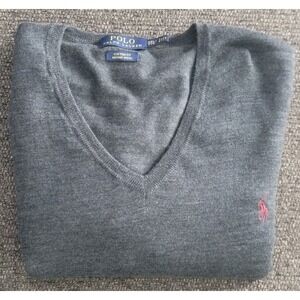 Polo Ralph Lauren Mens Grey Lt. Weight Merino Wool Custom VNeck Sweater Size XXL